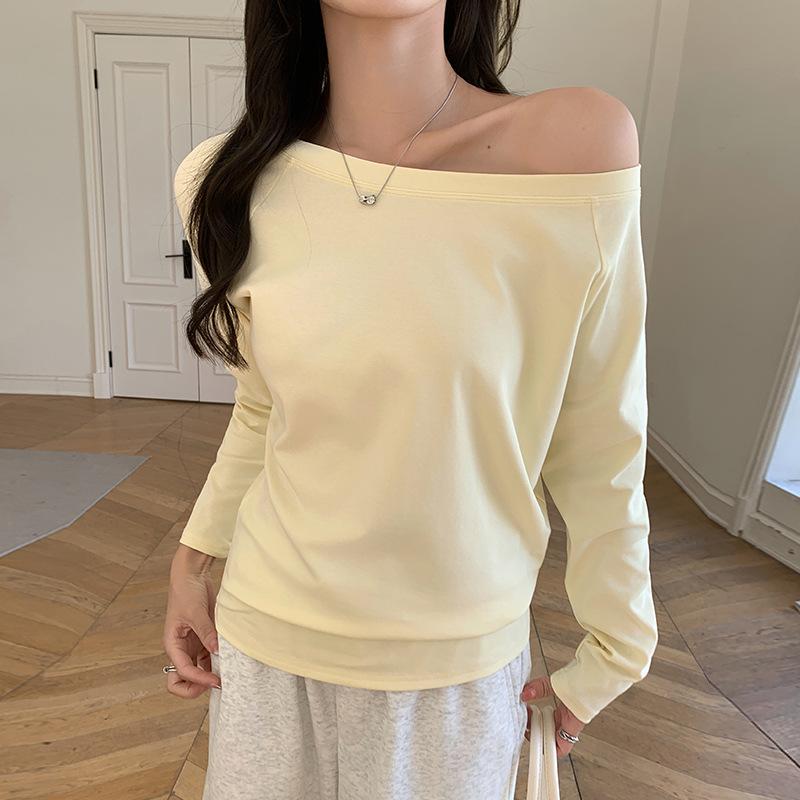 2 diagonal collar one-word shoulder 2 cotton bottoming shirt with long-sleeved t-shirt inside women's autumn and winter loose and thin top