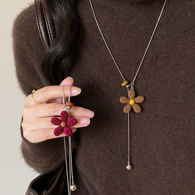 Korean Style Colorful Plush Flower Pendant Necklaces for Women Girls Casual Trendy Pull-Out Long Sweater Necklaces Jewelry Gifts