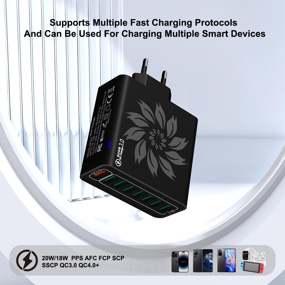 QC3.0 8-Port USB Fast Charger: 30W High Power, Colorful Flower Design, Compatible with US, European, and Korean Standards