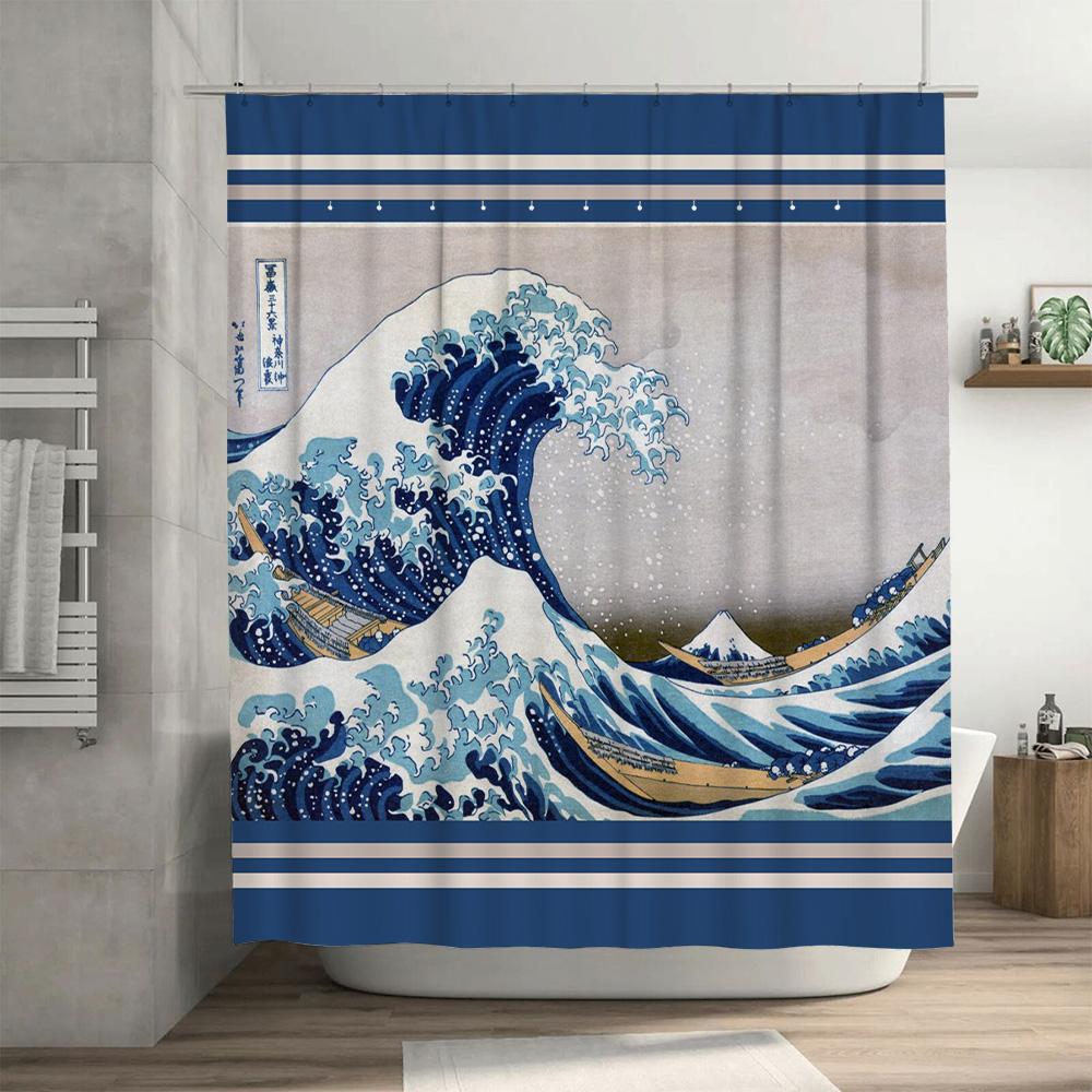 Blue Ocean Wave Shower Curtain Decorative Waterproof Fabric Home Bath Decoration Blue/White Stripes Design (180x205cm)