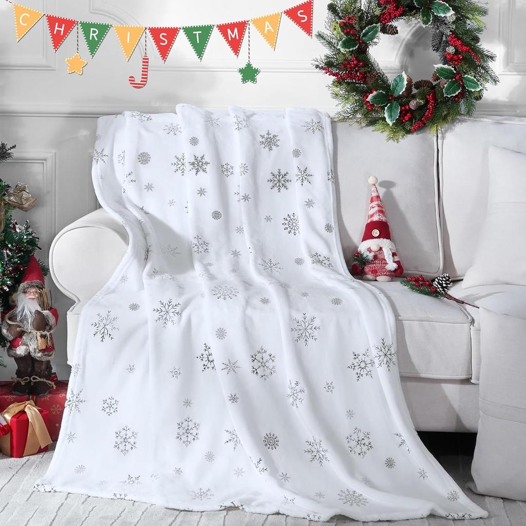FRAMICS Christmas Throw Blanket, Soft White Winter Fleece Blanket Throw, Silver Snowflake Warm Fuzzy Flannel Blanket for Couch Sofa Decorative