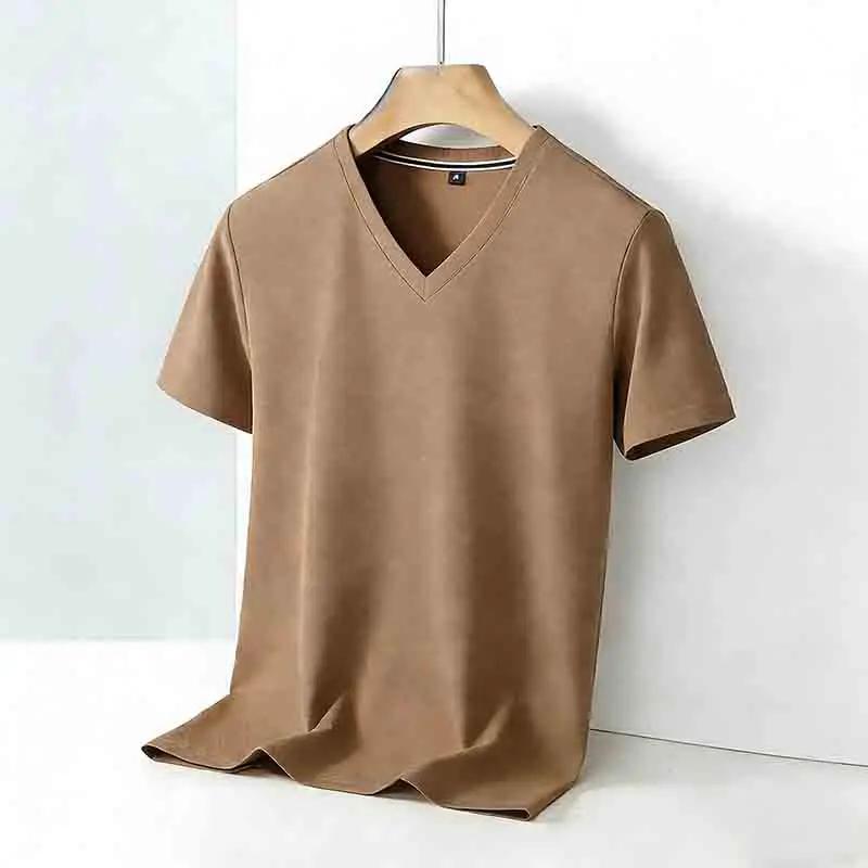 Men's Solid Color V Neck T Shirt Casual Slim Fit Breathable Short Sleeve Basic Top for Daily Wear Brown