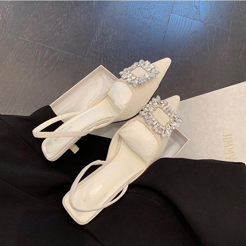 French pointed high-heeled sandals 2025 summer square buckle rhinestone pointed shallow mouth rear empty thin high-heeled sandals women's summer