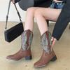 New Women Coffee Brown Embroidery Boots PU Leather Printed Western Cowboy Boots Deep V-mouth High Tube Casual Boots Classic