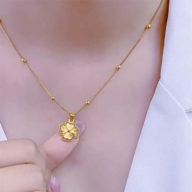 Copper Plated Gold Four-Leaf Clover Pendant: Elegant Double-Sided Minimalist Design