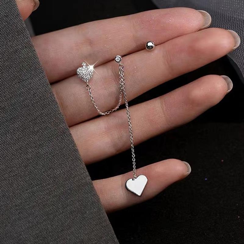 New 925 Silver Asymmetric Heart Double Ear Hole Earrings Long Tassel Women Ornament