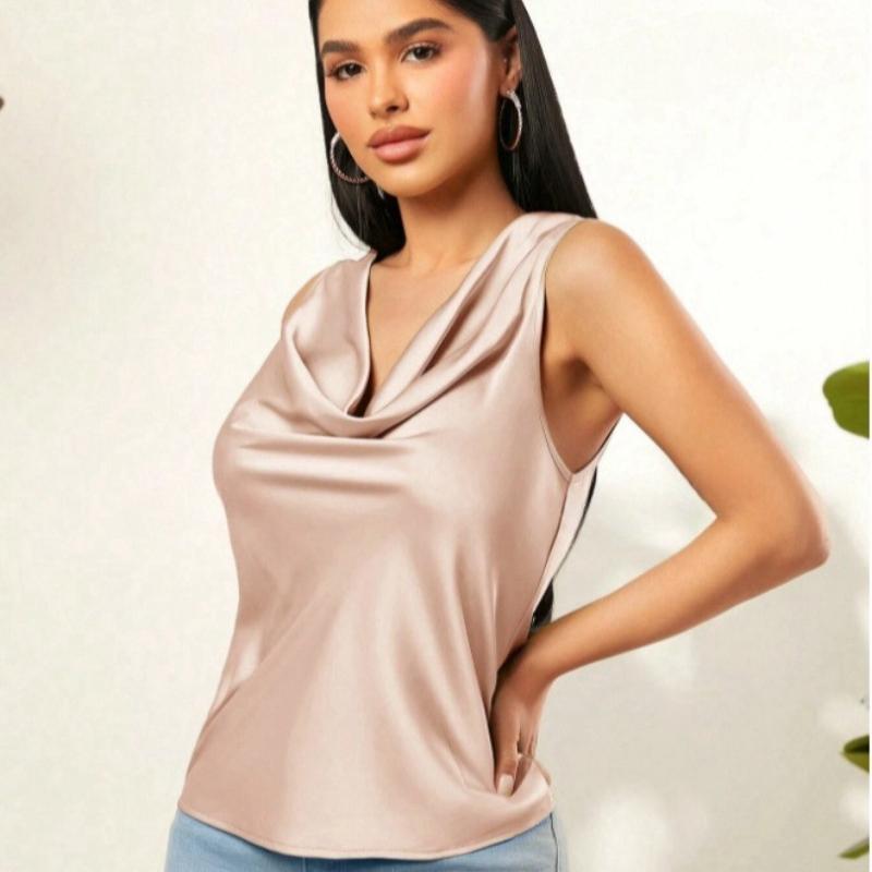 

Летние новые атласные ворсовые воротники без рукавов свободные топы женские модные элегантные облегающие повседневные женские топы-майки простые женские майки 26561 S шампанского