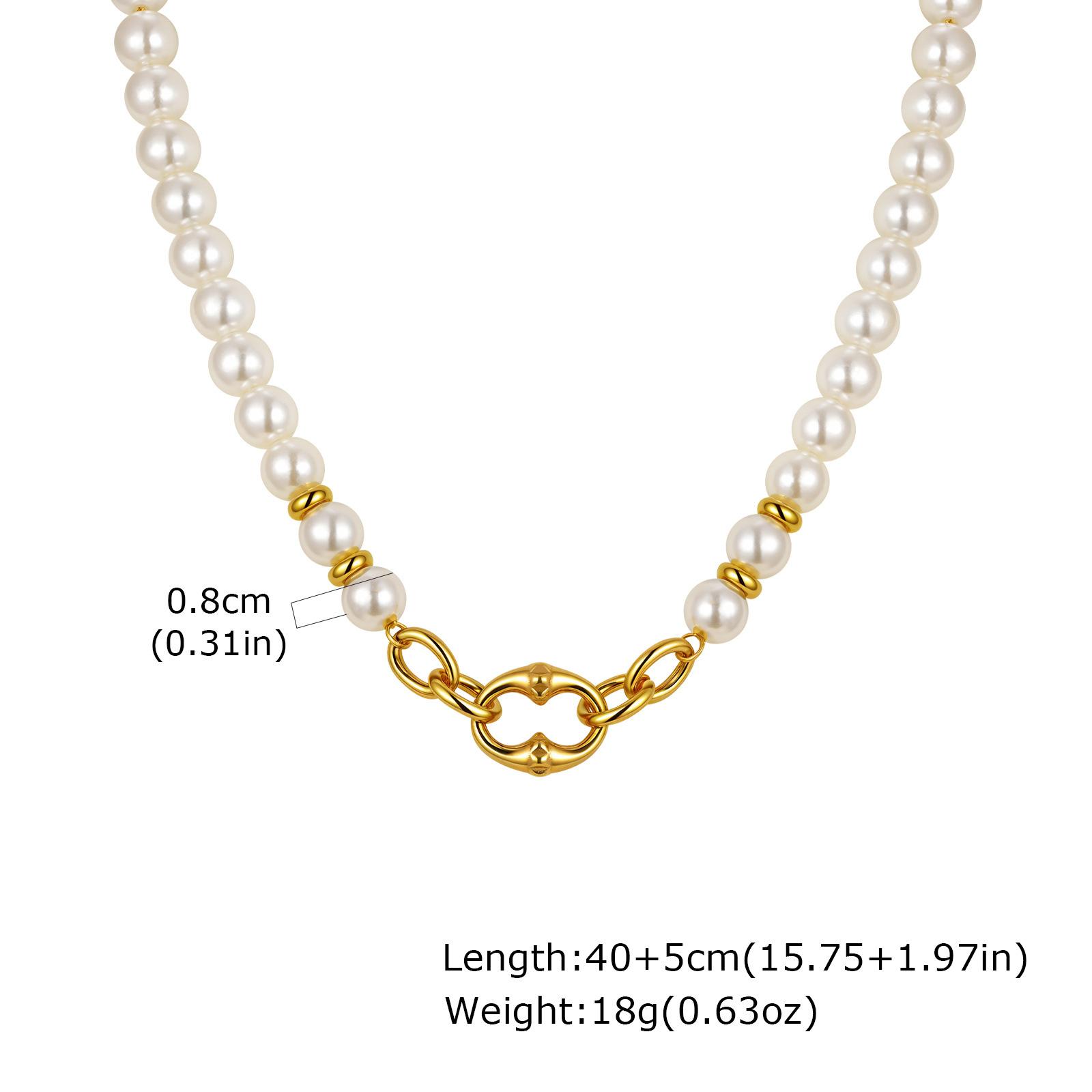 Ladies Stainless Steel Rivets Geometric Oval Accessories Imitation Pearl Beaded Gold Necklace 2135