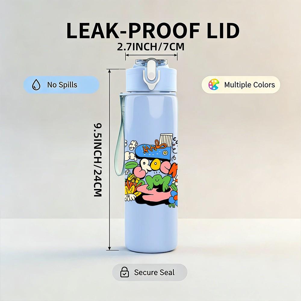 1PC Party Cartoon Pattern 750ml Color Plastic Sports Water Bottle Leakproof Flip Straw Lid Suitable for Sports Office Home Use