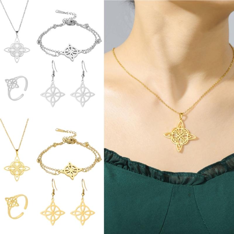 Pulseras de Acero Inoxidable Sencillo Collar con Colgante Nudo Celta Pendientes Anillo Nudo de Bruja Joyería Regalo de Cumpleaños para Mujeres
