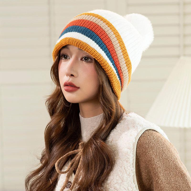Rainbow Mixed Color Knitted Warm Hat Women's Fleece Warm Ear Protector Hairball Hat Dopamine Face Small Wool Hat