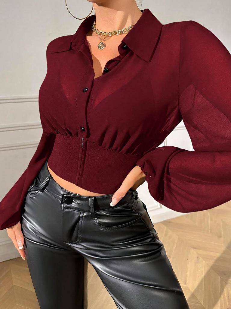 Elegant Lantern Sleeve Women's Solid Color Shirt