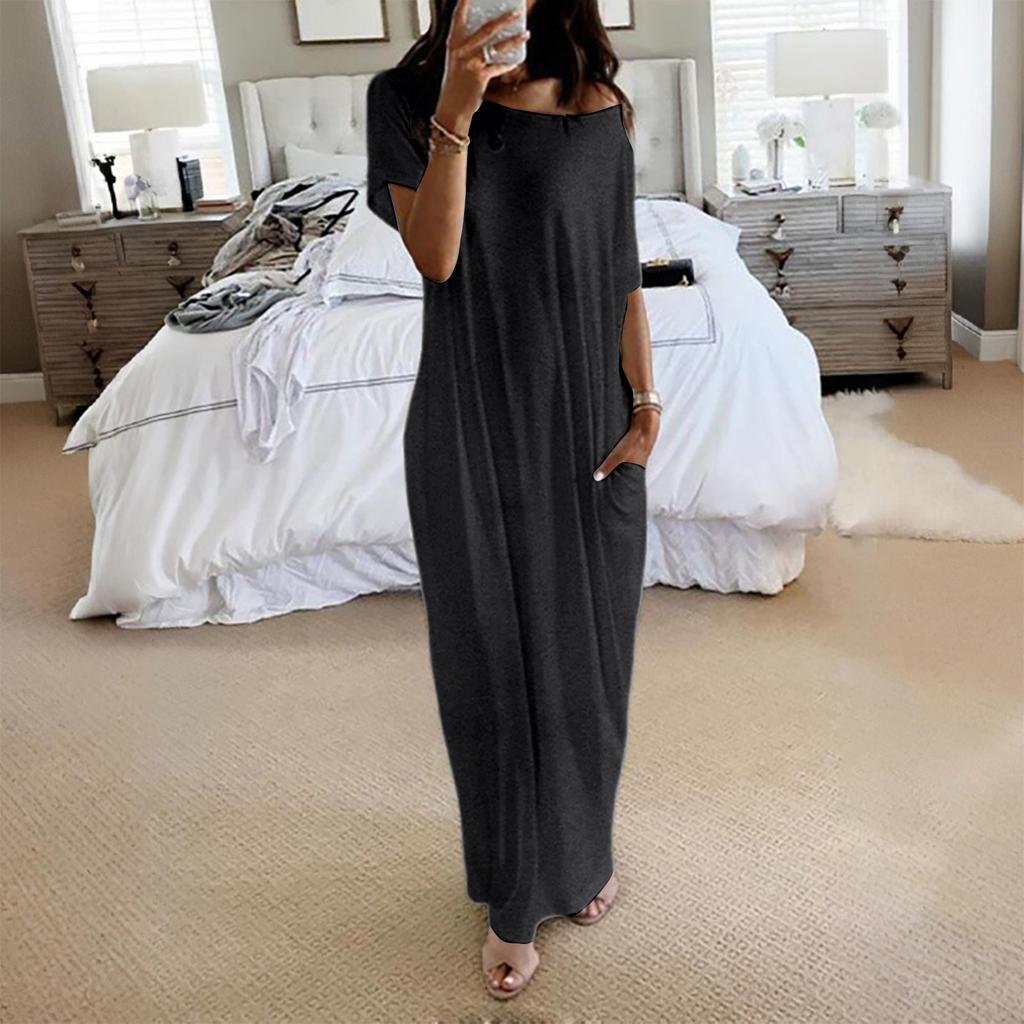 Women's Fashion Color Short-Sleeved Long Casual Dress