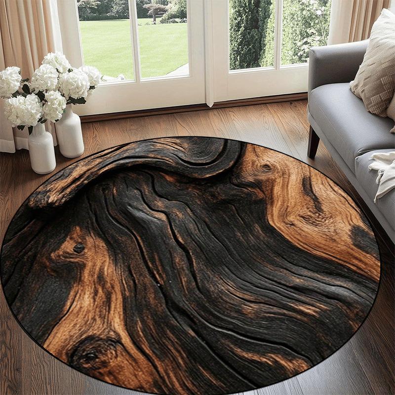 Creative Wood Texture Round Carpet Soft Non-Slip Tree Stump Area Mat Aesthetic Nature Style Rug for Entryway Home Office Washable