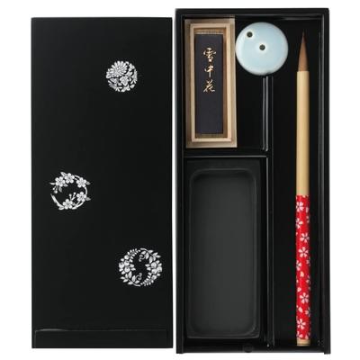 Akashiya Calligraphy Set for Echizen with Flower and Circle Adults, Lacquer, Black, Design, Small, AR-03SH