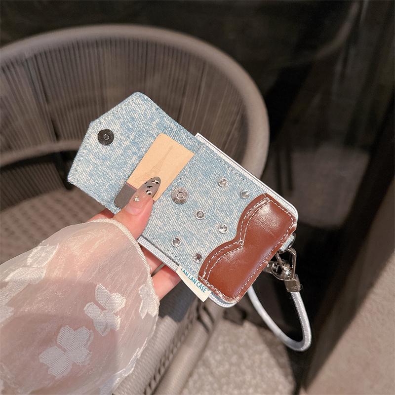 Fashion Cute Hellokitty Diamond Card Bag Phone Case For Samsung Galaxy Z Flip 7 6 5 ZFlip6 ZFlip7 Cover with Hand Strap Denim Ca