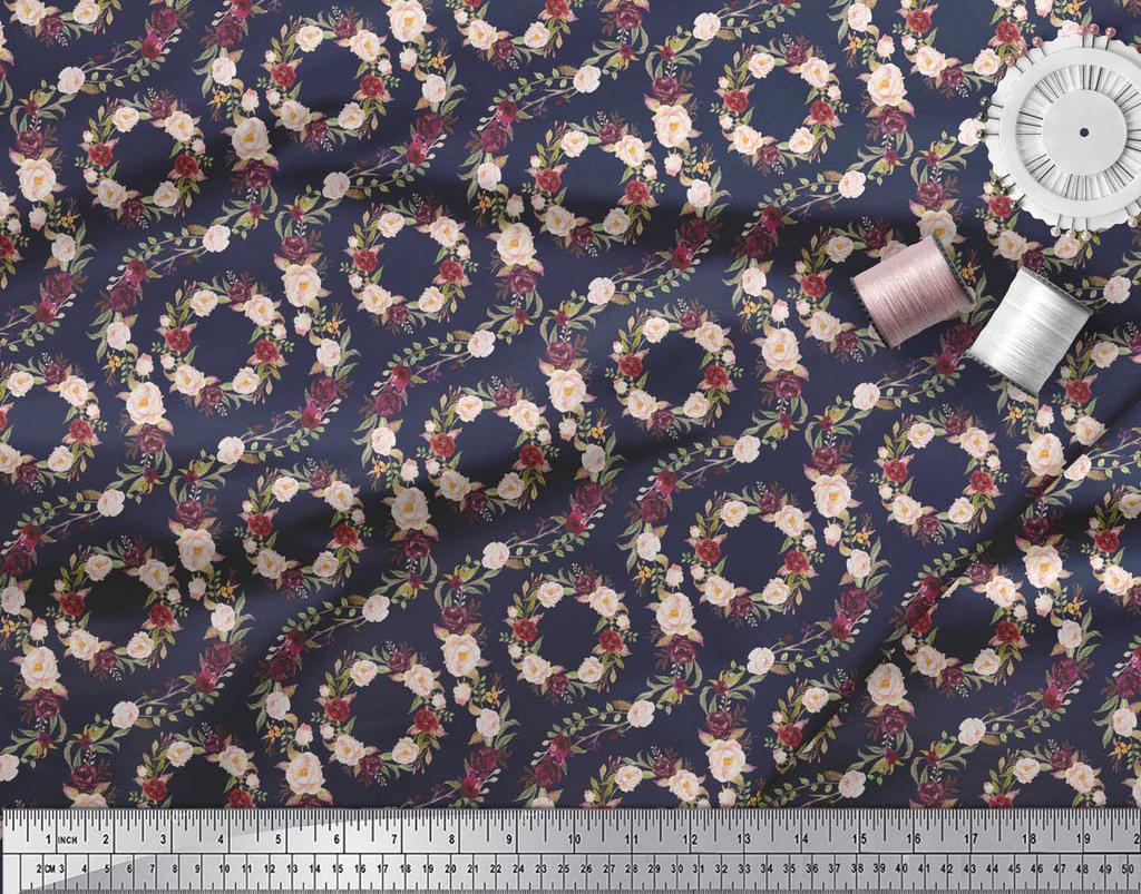 Soimoi Modrá poly krepová látka damaškový květinový potisk látka na metr 42 palců