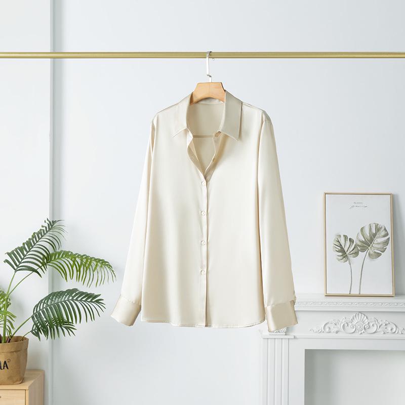 Women's Mulberry Silk White Satin Shirt - Long-Sleeved, Loose Fit, Elegant Commute Top