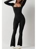 2024 European & American Solid Color Seamless Long Sleeve Yoga Jumpsuit with Flared Pants