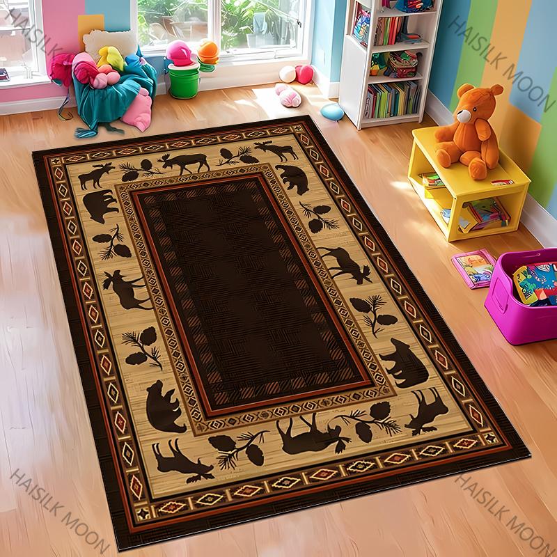 Dywan w stylu retro skandynawskim z motywem nadruku niedźwiedzia łosia, miękki dywan odpowiedni do jadalni, salonu, pokoju zabaw dla dzieci, mata podłogowa