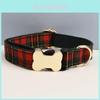 Pet Dog Collar With Grid Print Design And Bone Decor For Gift And Holiday