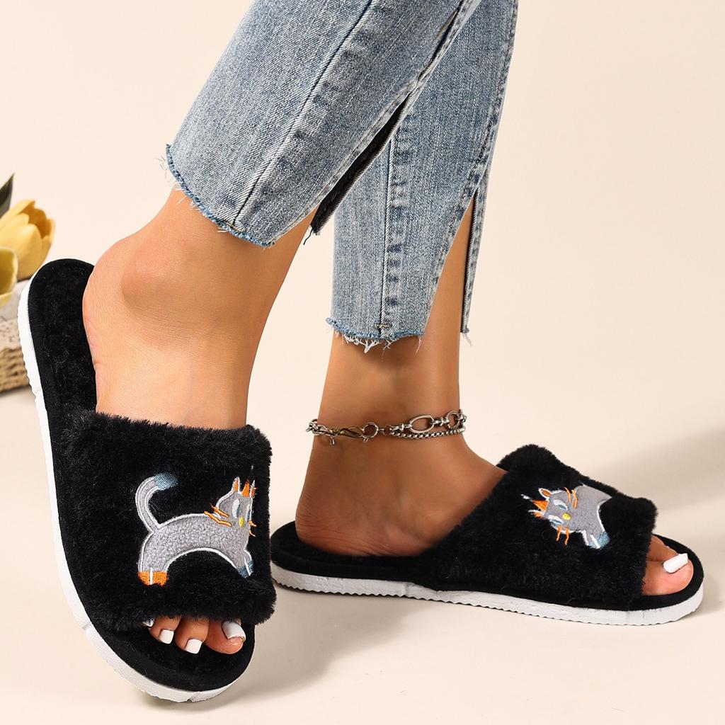 Niedliche Zehenfreie Baumwoll-Hausschuhe mit Katzenmotiv, Verdickte Plüsch-Hausschuhe für Damen, Rutschfeste Hausschuhe für drinnen