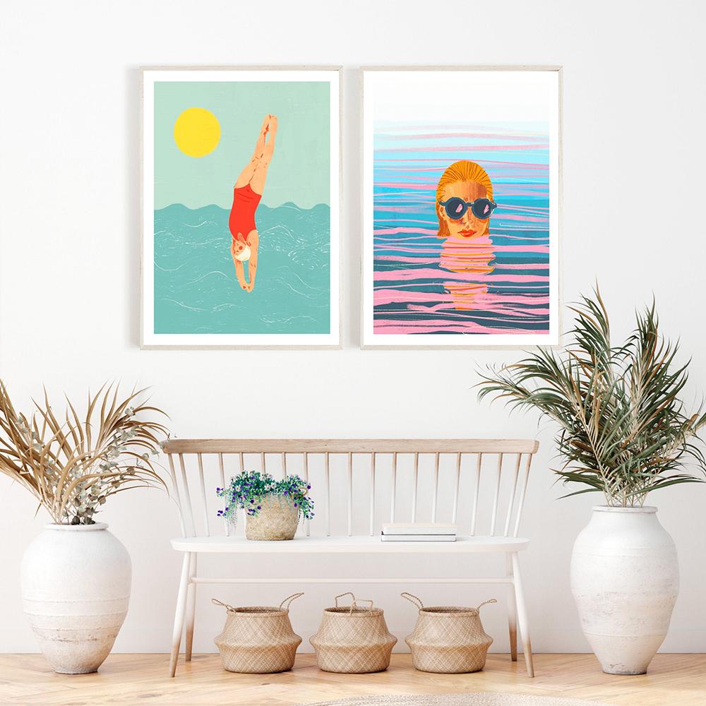 Minimalist Swimming Posters Abstract Diving Canvas Painting Prints Sunset Wall Art Pictures For Living Room Decor