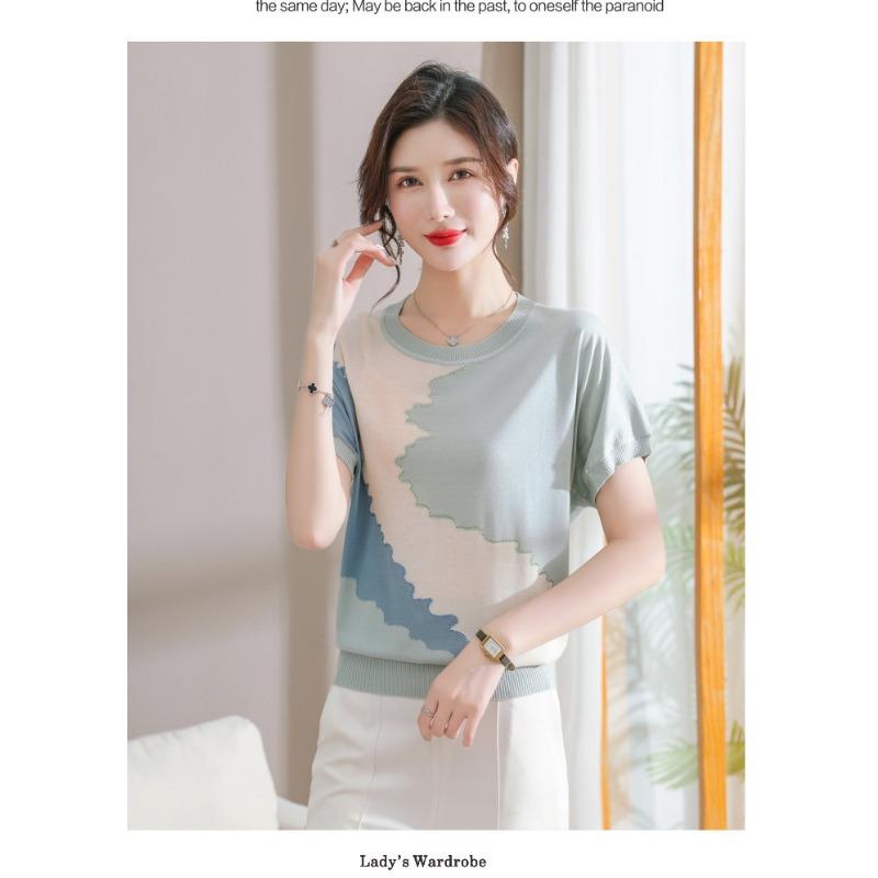 Women Summer New Ice Silk Round Neck Short Sleeve T Shirt Elegant Loose Thin Knit Top