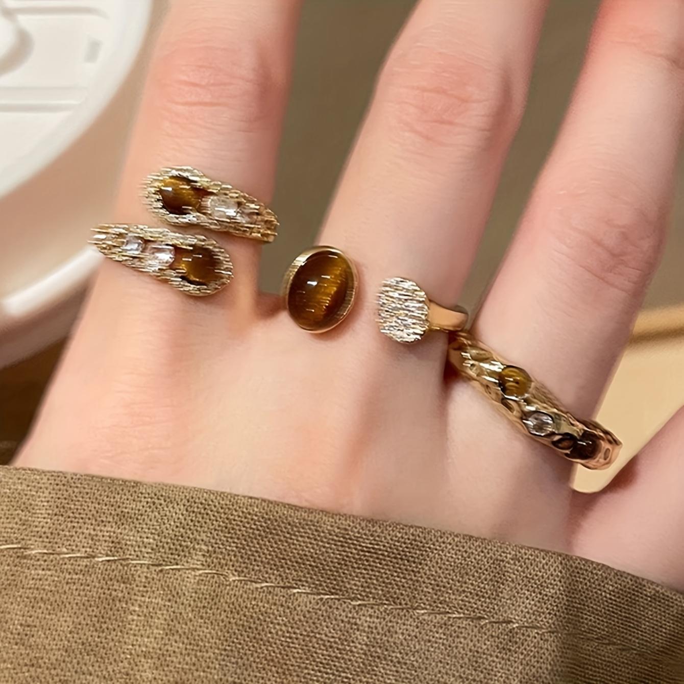 

A Set of 3 Elegant, Casual, Old-money Style, Light Luxury Synthetic Zirconia-inlaid, Grand and Fashionable Rings One-size