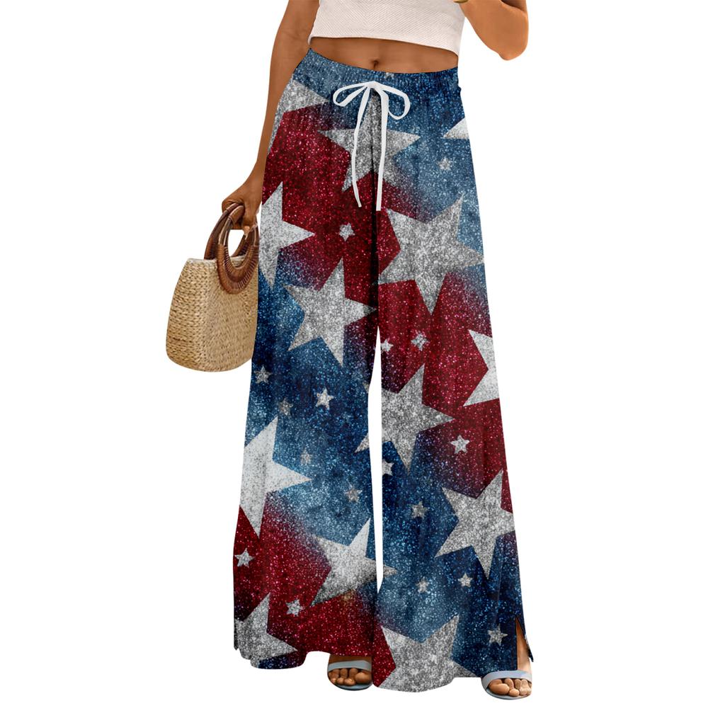Women Summer Boho Palazzo Pants High Waist Wide Leg Floral Printing Casual Trousers With Pockets