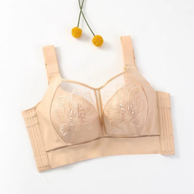 Embroidered Lace Adjustable Bra with Full Cup Soft Underwire Anti-sagging Bra Small Cup Bra for Large Breasts