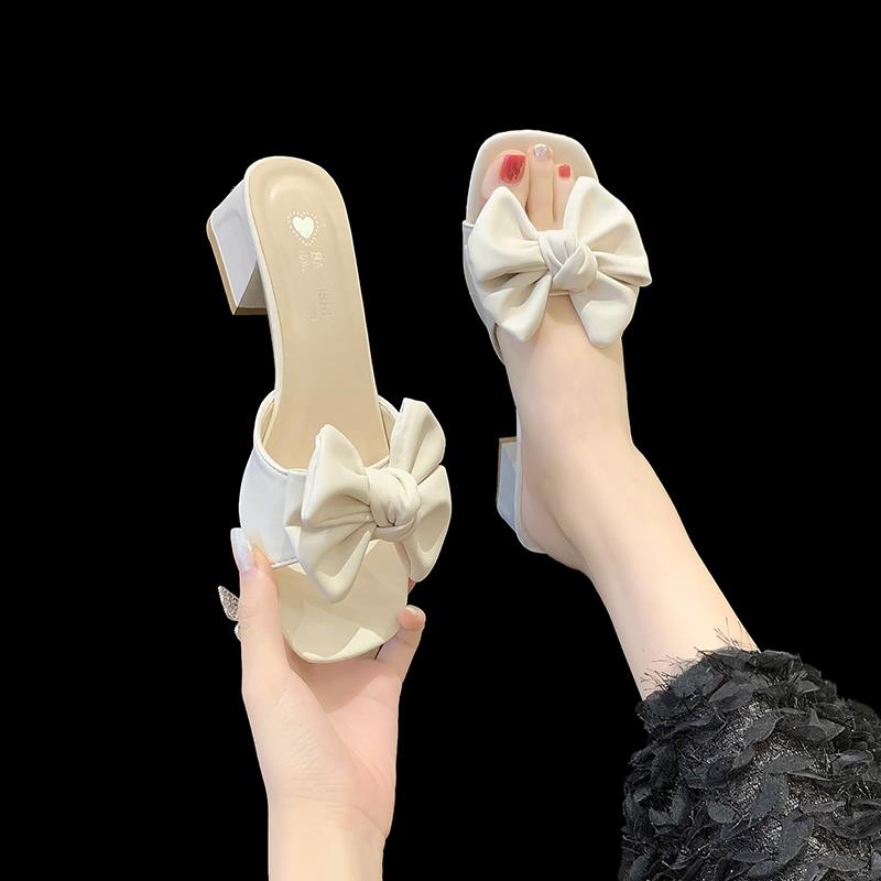 Fashion Square heel Med Slippers Soft Summer Women's Shoes Luxury Slides Butterfly-Knot Block Comfort Designer Fashion Butterfly-knot