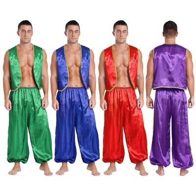 Mens Arabian Prince Costume Gold Trim Satin Vest and Elastic Waist Pants Fairytale Cosplay Set