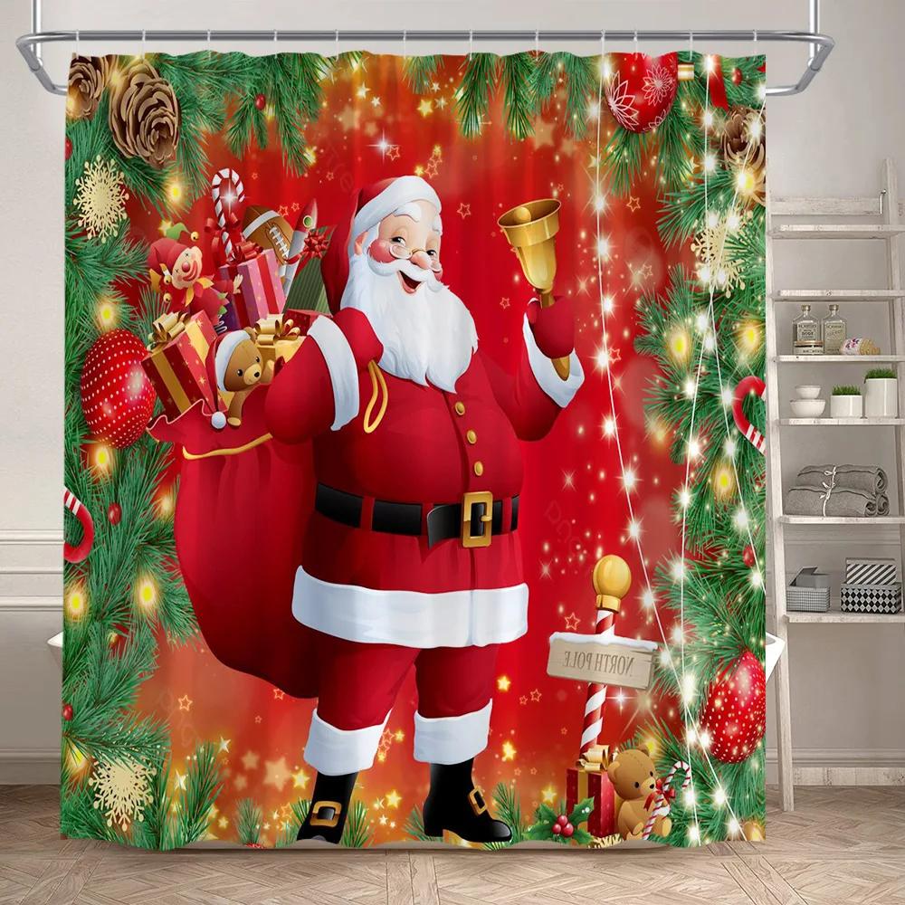 Red Christmas Shower Curtain Set Funny Santa Claus Gift Green Pine Branches Xmas Balls Home Bathroom Decor Bath Mat Toilet Cover