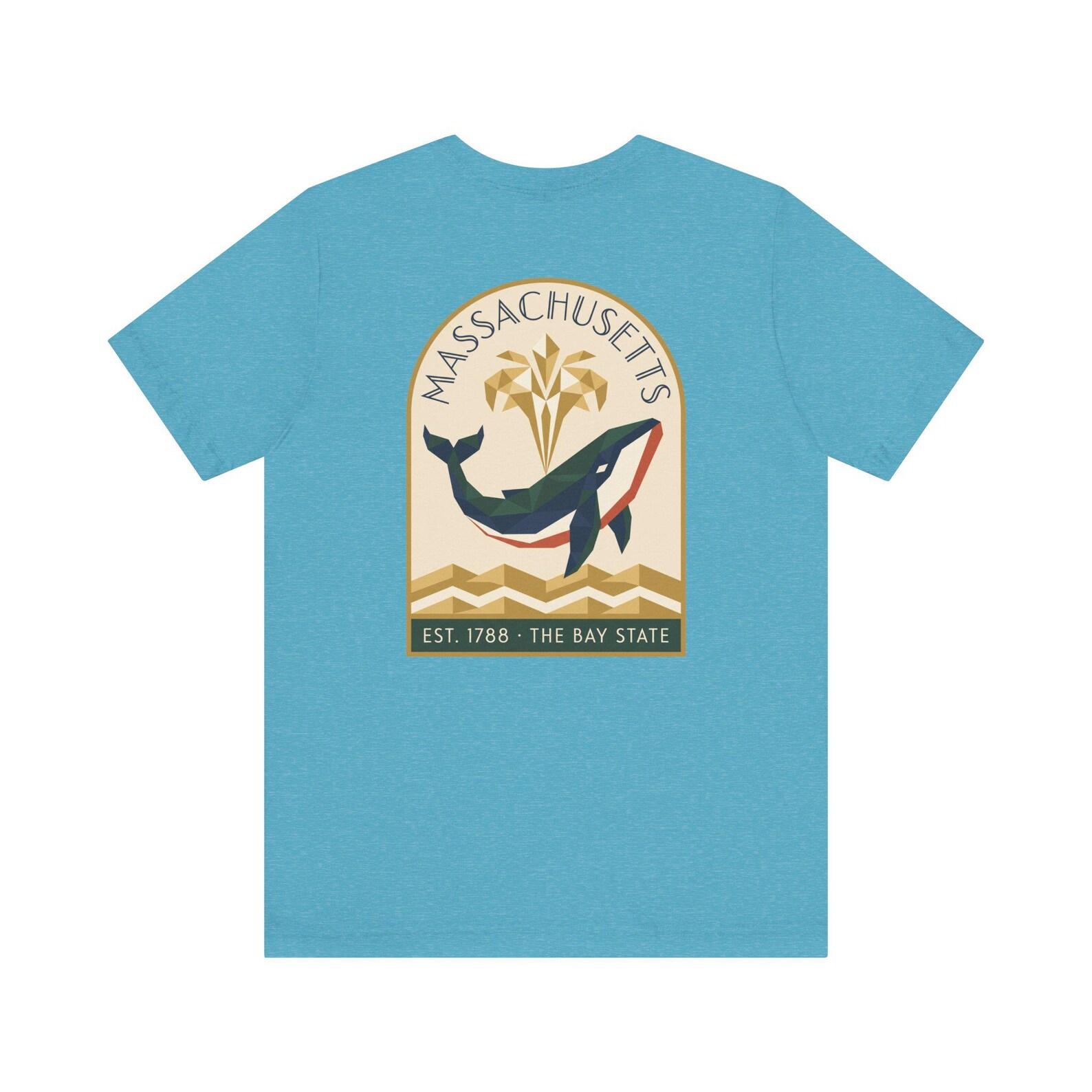 Massachusetts Whale Art Deco T-Shirt | Retro Bay State Nautical Graphic Tee | Massachusetts Gift 4XL