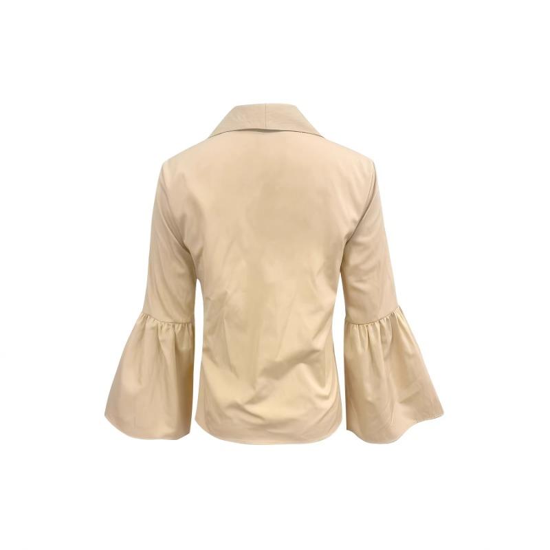 Spring New Style Solid Color Elegant Lantern Sleeve Lapel Shirt for Women