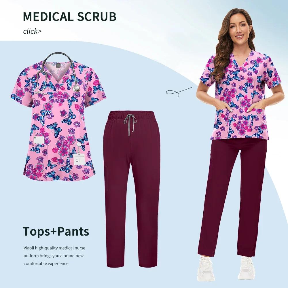 Printed Scrub Uniform Set V Neck Short Sleeves Pockets Top Medical Soft Scrub Pants Sets Nurse Surgical Uniforms Woman