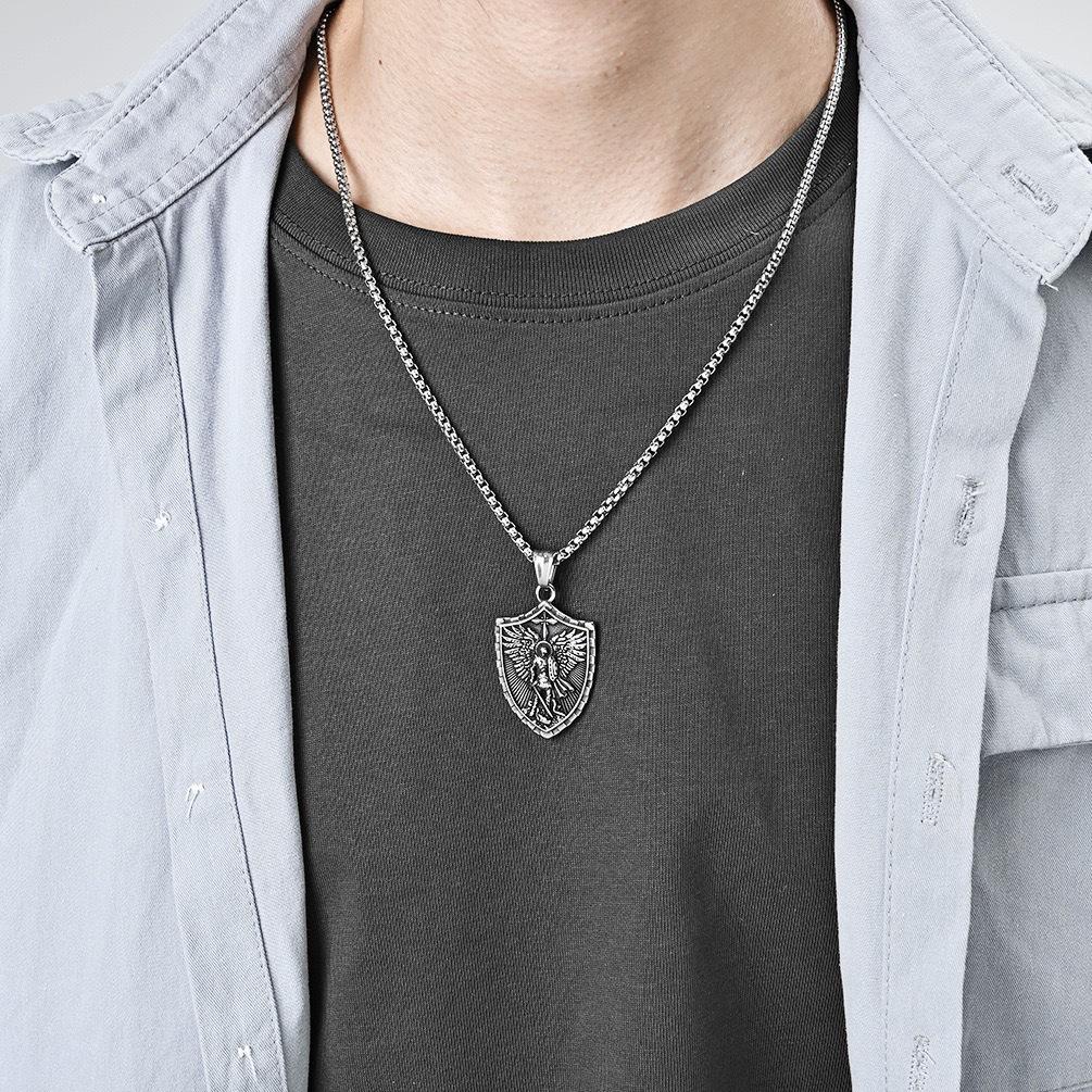 St.Michael Archangel Shield Pendant Necklace, Titanium Steel Retro Men Necklace Punk Religious Fashion Male Jewelry Gift