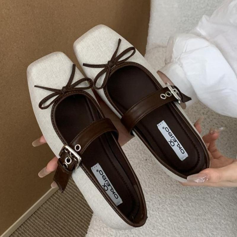Fashion High Quality Cotton Mary Jane Shoe Women Sweet Square Toe Butterfly-knot Flats Fashion Comfort Narrow Buckle Brand Designer Shoe
