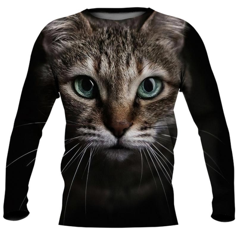 Cute Cat Print Imitation Cotton Long Sleeve Men's T-shirts Spring O-Neck Casual Loose Tee Streetwear Unisex Clothing EU Size 5XL