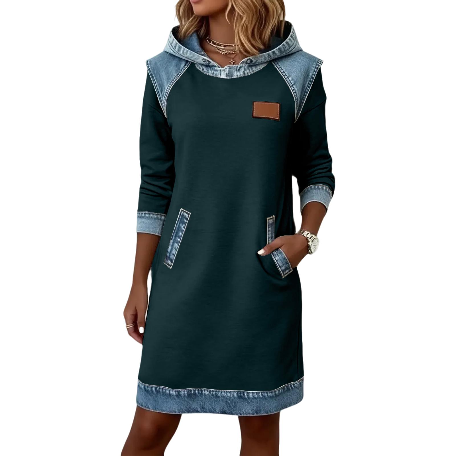 Damenmode Denim Colorblock Hoodie Mit Colorblock Hut Kleid L black