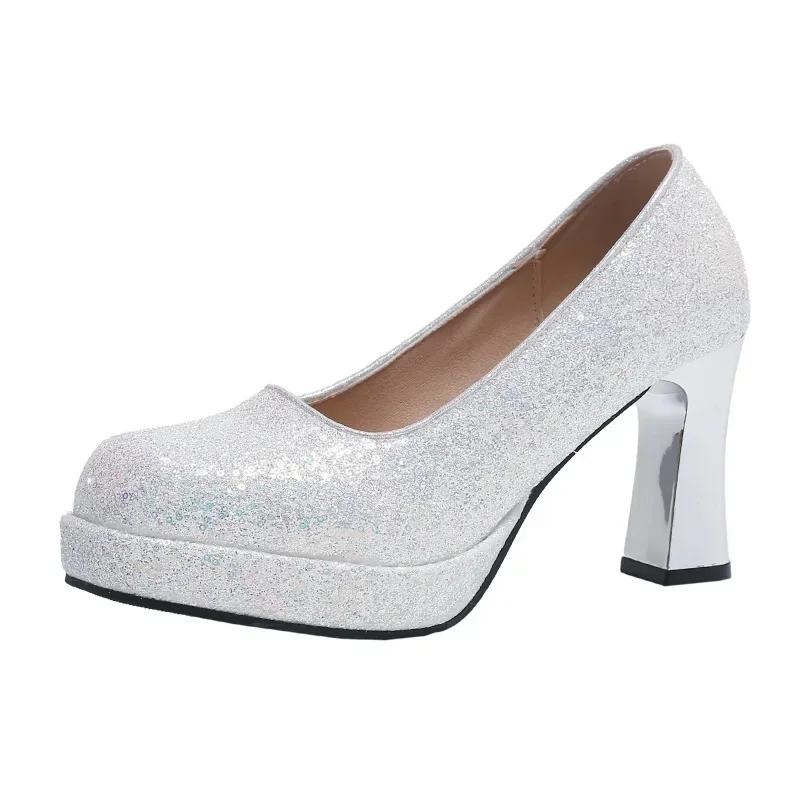 Fashion 35-44 Large Women's High Heels Platform Thick Heels Mary Jane Shoes Small Square Head Set Silver Womens Shoes