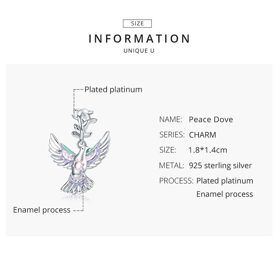 BAMOER Real 925 Sterling Silver Peace Dove Pendant Charm for Original Silver Bracelet or Necklace Fine Jewelry