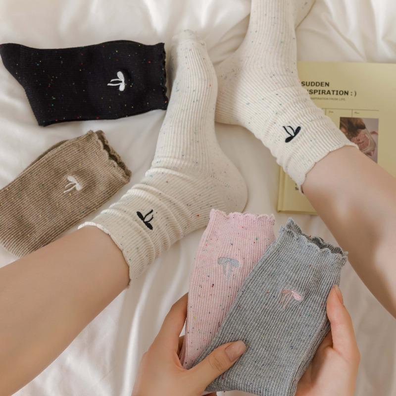 Pointed Yarn Pile Socks - Children's Autumn and Winter Embroidered Bow Tie Mid-calf Socks, Trendy and Versatile Lace Long Socks