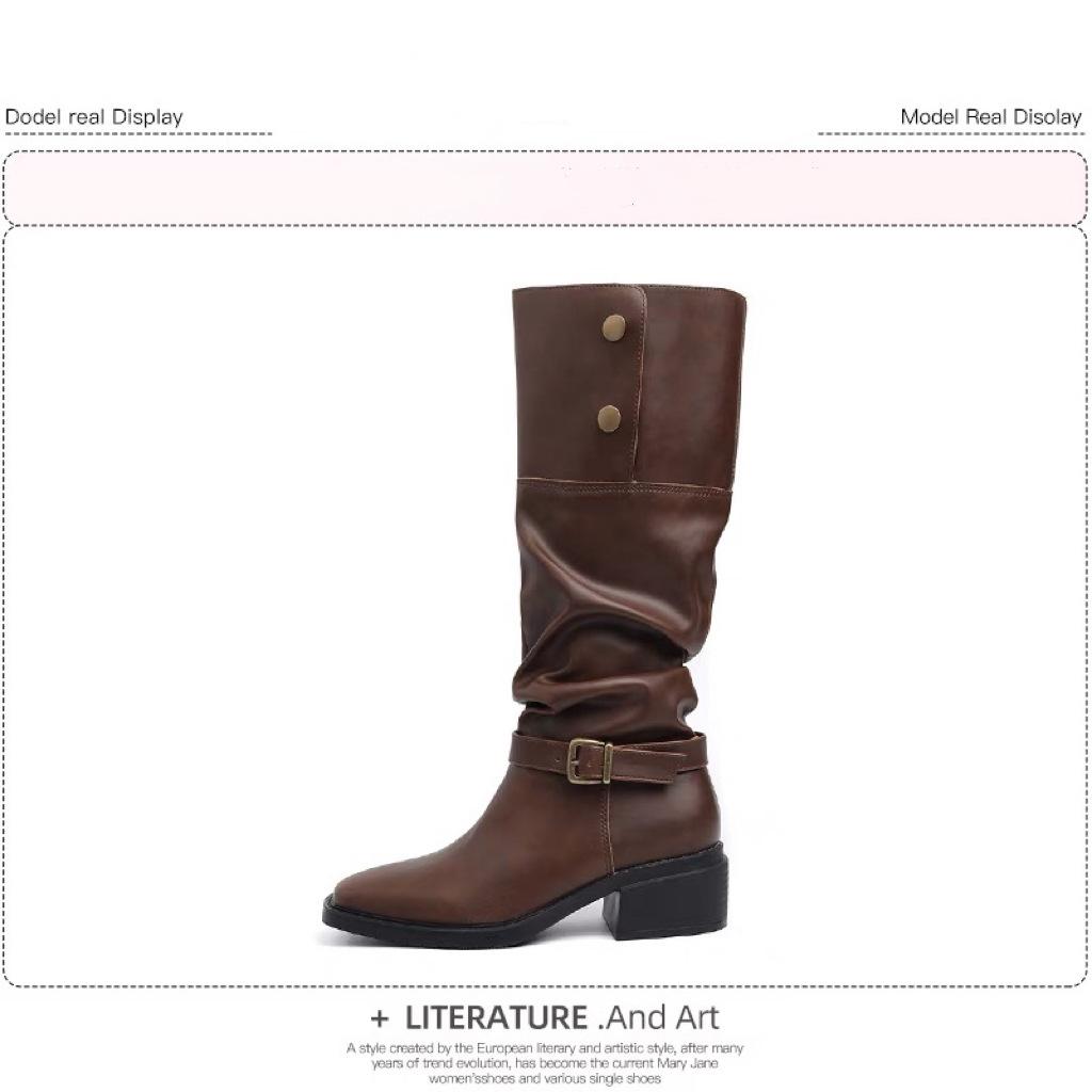 

Cowhide version~ Maillard retro tall knight boots women s knee boots thick heel foldable button fashion boots 35 коричневый
