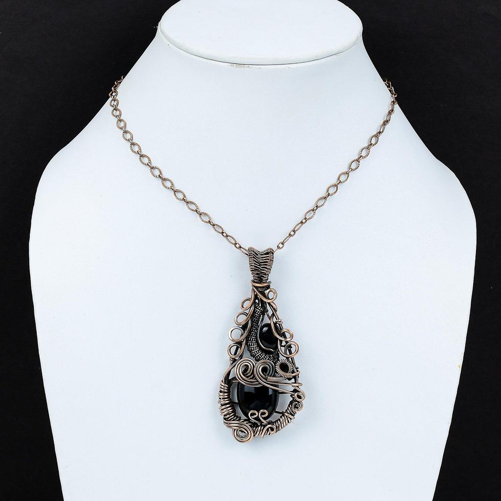 Svart onyx-smycken, 999 koppartråds-lindad hängsmycke, Handgjorda ädelstenssmycken, Gåvor till fru, Helt nytt hängsmycke