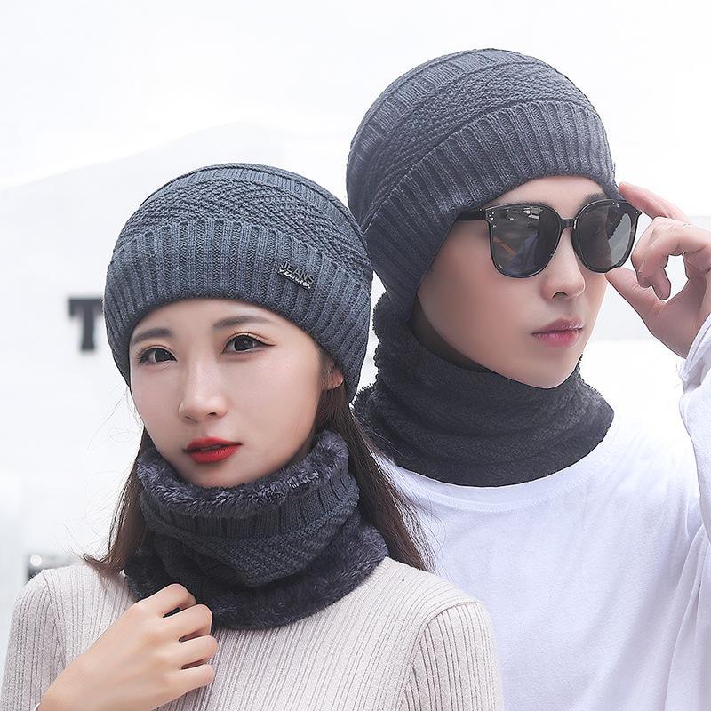 Men's Thick Knit Two-Piece Hat and Scarf Set – Warm Plus Velvet, Ear Protection for Outdoor Sports and Cycling