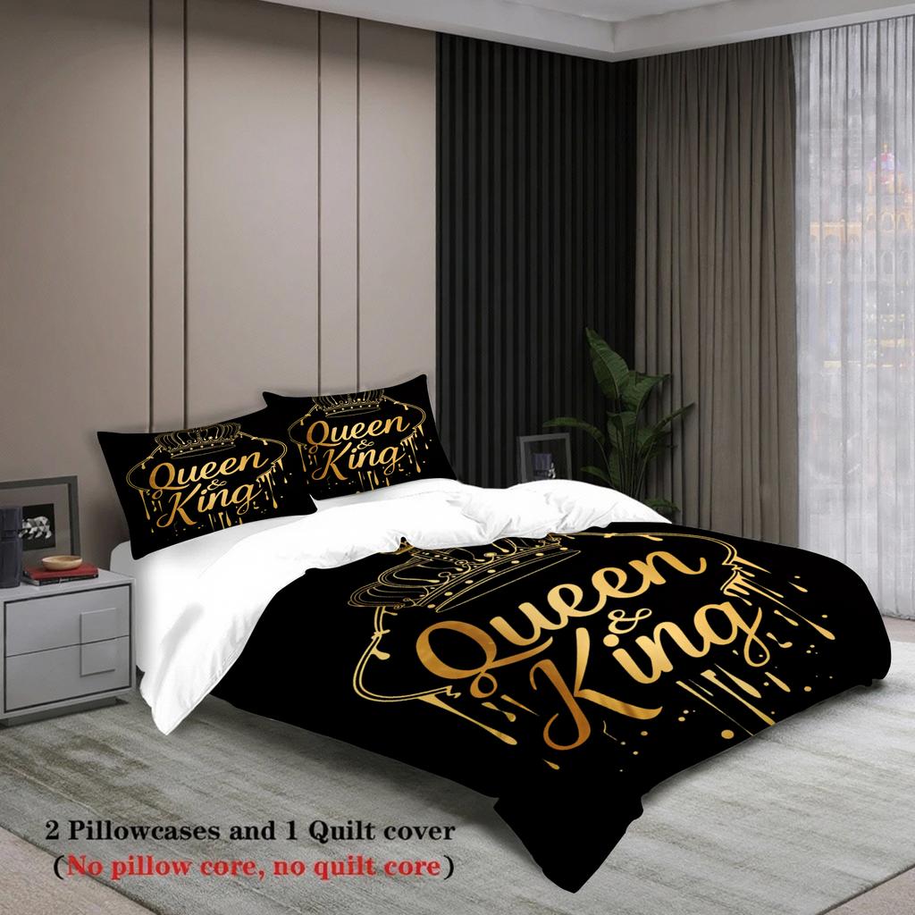 Queen And King Bedding Set Black Gold Crown Print Bedding With Duvet Cover & Pillowcases For Couples Bedroom