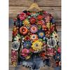 Ladies' Floral Print Round Neck Long Sleeved T-shirt Fashionable Casual Top Christmas Outfit Pullover Clothing