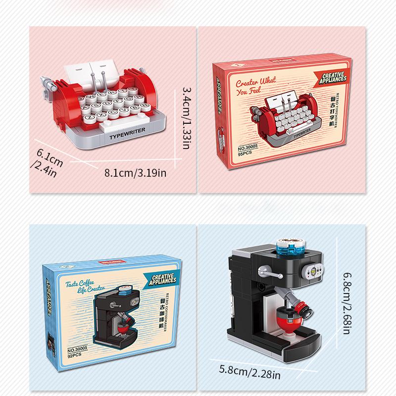 Vintage Mini Kávovar Sestavení Kamery Stavební Bloky Model Simulační Spotřebiče Rádio Psací Stroj Kostky Hračky Pro Děti